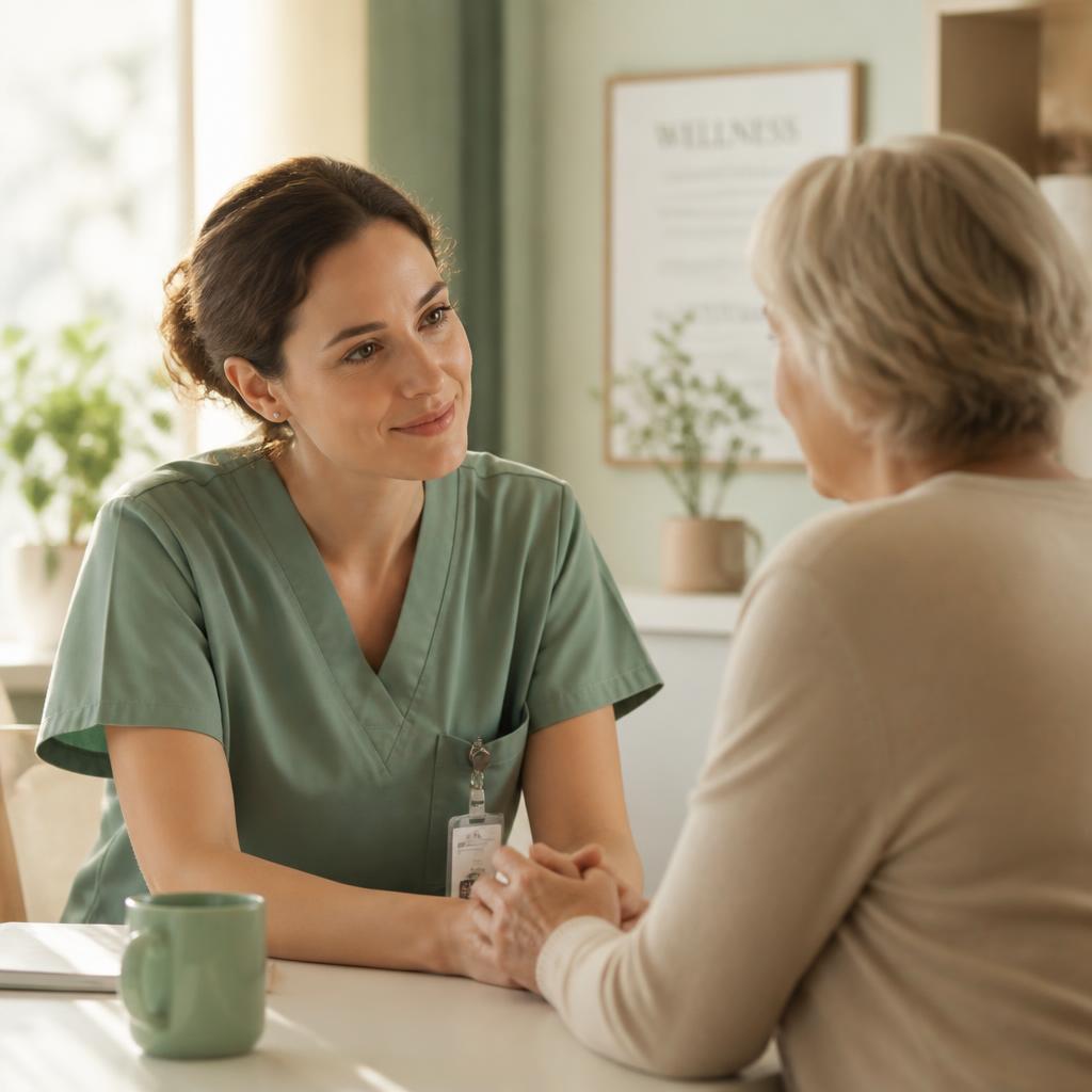 A nurse gently explaining care instructions to a patient